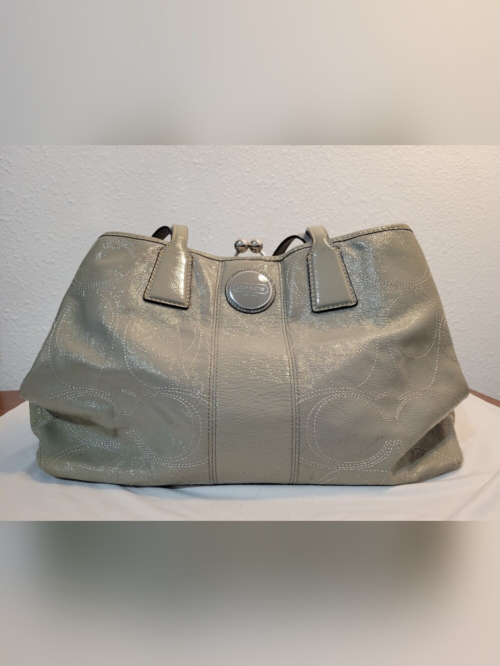 Authentic Coach Patent Leather Satchel in Light Taupe/Gray